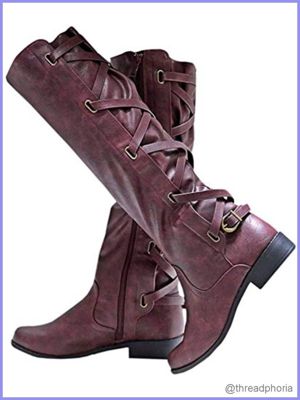 Faux Leather Lace Up Knee High Combat Boots Low Heel